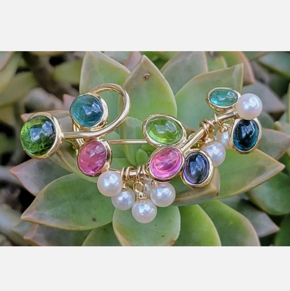 14k Gold Multi Gemstone Pearl Pendant Brooch-Designer Estate Jewelry 12 gm - Picture 7 of 12